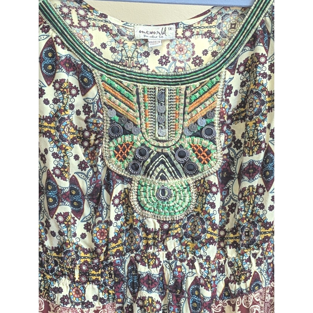 Boho Embroidered Peasant Blouse 1x Ornate Tribal Medallion Festival Hippie 60's - Picture 5 of 14